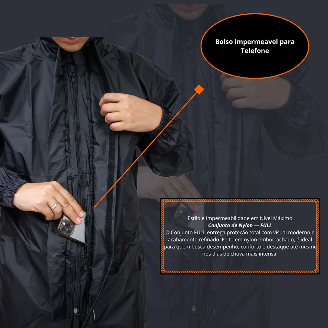 CAPA DE CHUVA CONJUNTO PIONEIRA NYLON FULL MASCULINO PRETO
