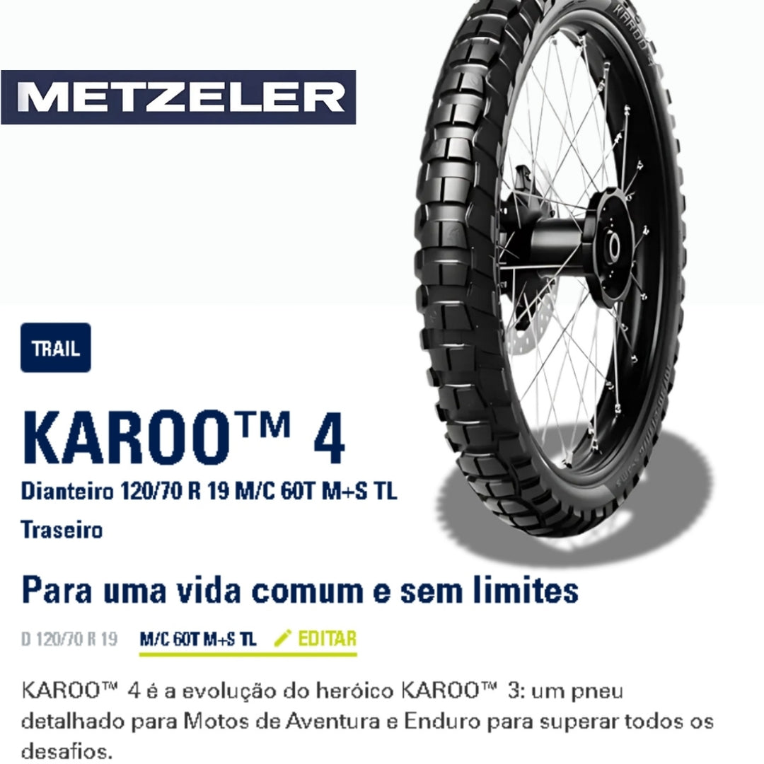 PNEU DIANTEIRO 120/70-19 KAROO 4 TL METZELER FRENT BMW R1200GS